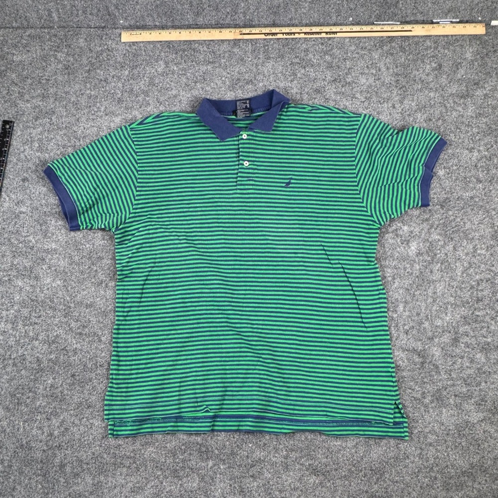 Nautica Polo Mens XXL Green Blue Striped Short Sleeve Cotton Casual Top